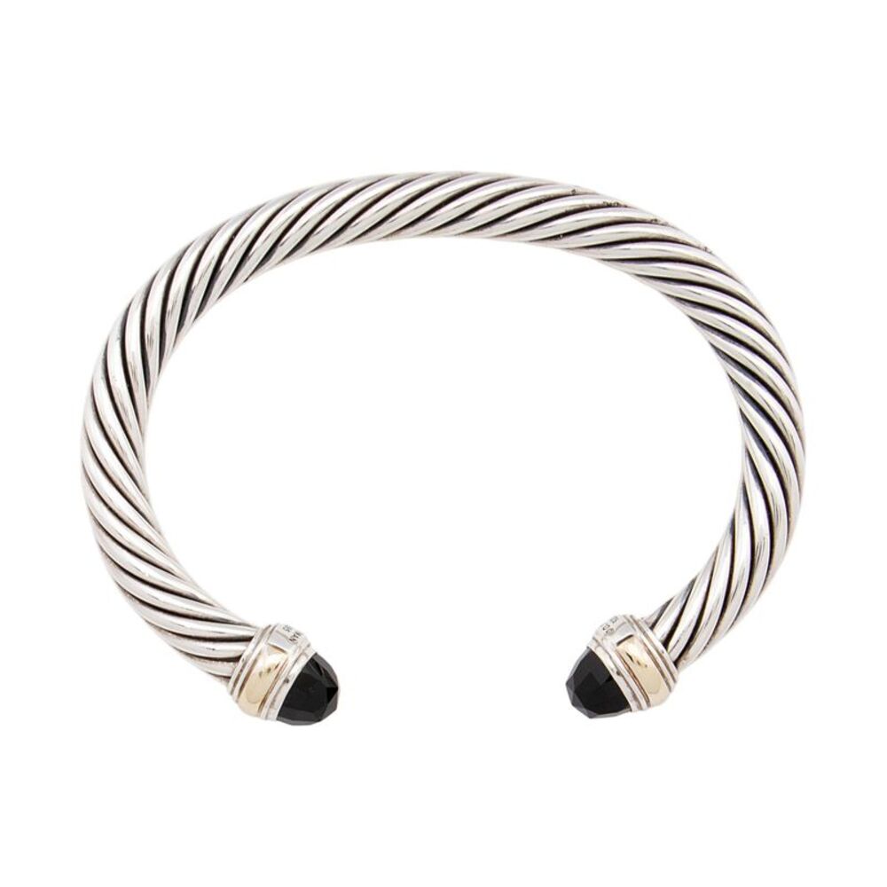 David Yurman Sterling Silver 14k Gold Onyx Cable Classics 7mm Cuff - Picture 2 of 3
